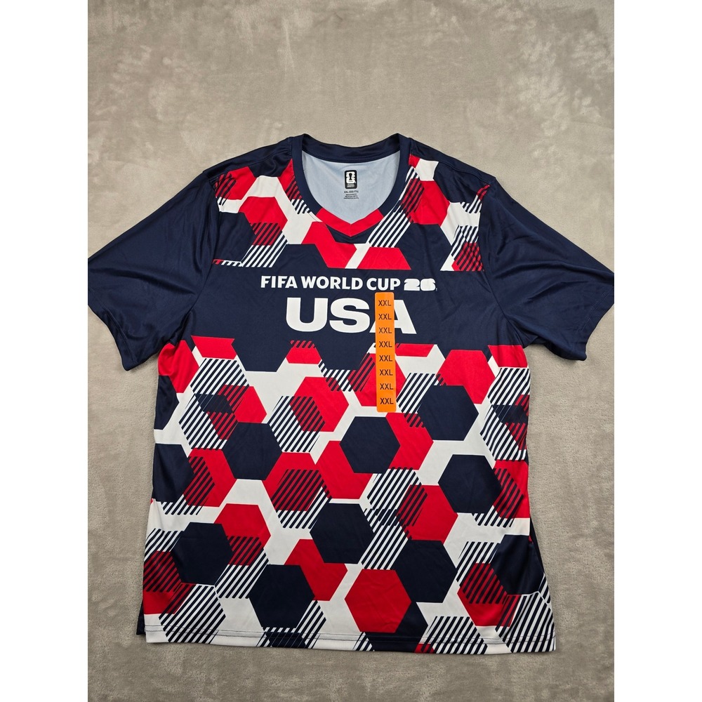 FIFA World Cup 26 Soccer Jersey Mens XXL Blue Red USA Graphic V-Neck Tee *Read